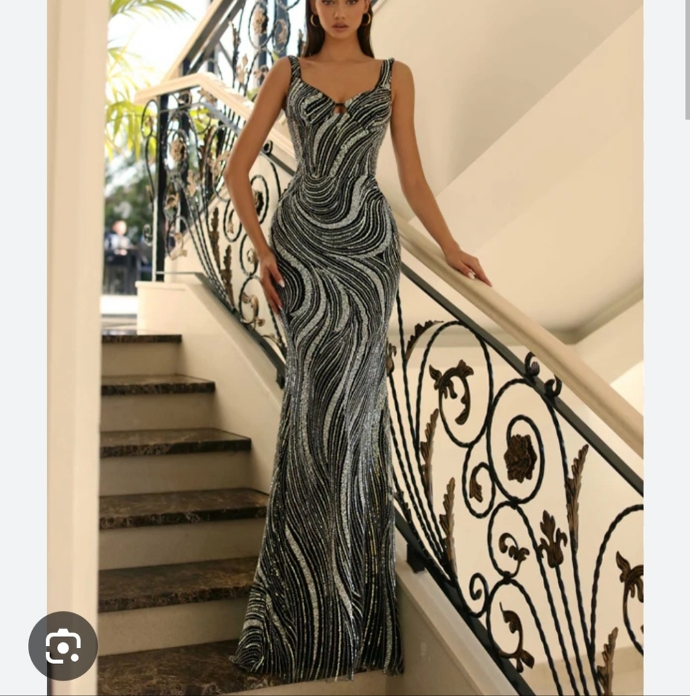 Nicoletta Designer Evening Gown - Elegant Black and Silver Gown